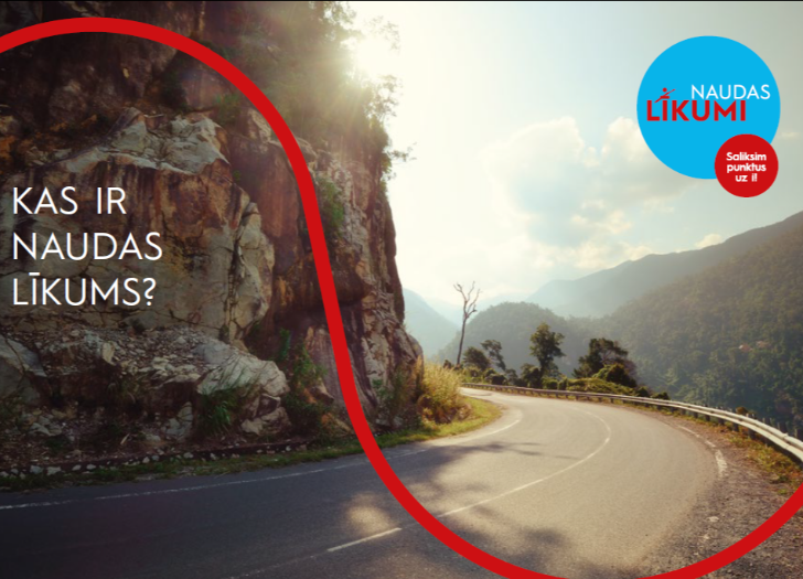 Vizuāls naudas līkuma atttēlojums ainavā ar kalnu ceļu. Kampaņas vizuālie elementi, logo un teksts 